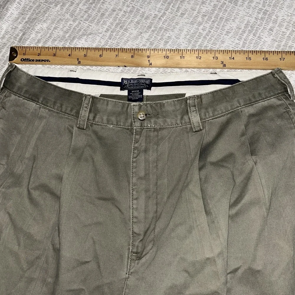 Polo Jeans Pants Mens 36x32 fits{34x29}  Olive Green Chino  Double Pleated 90s